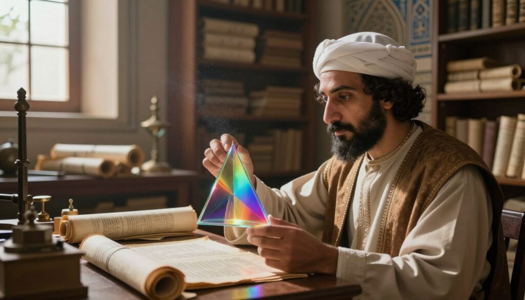 A historical scene depicting Ibn al-Haytham, the father of optics, in a serene library filled with scrolls and manuscripts. In the foreground, he is wearing traditional scholarly robes, focused intently on a glass prism that refracts light into vibrant colors, illustrating his discoveries about vision and light. The middle ground features shelves filled with ancient texts and scientific instruments, creating a sense of academic exploration. A soft, warm light streams in from a window, illuminating dust particles floating in the air, enhancing the atmosphere of enlightenment. The background consists of intricate Islamic architectural details and a hint of nature, symbolizing the harmony between science and the natural world, evoking a mood of curiosity and inspiration.