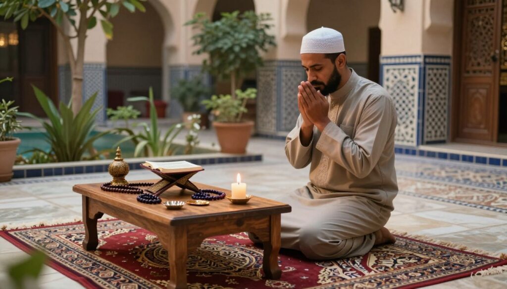 A serene Moroccan-style courtyard bathed in soft, warm afternoon light. In the foreground, a wooden table adorned with a beautiful, intricately designed prayer rug features elegant Islamic calligraphy. Surrounding the table, a variety of items representing different types of dhikr are present: prayer beads, a small Quran, and a lit candle, casting a gentle glow. In the middle ground, a calm, thoughtful Muslim man in modest casual attire softly whispers his daily prayers, his gestures reflecting tranquility and devotion. The background showcases lush greenery and traditional Moroccan tiles, enhancing the spiritual atmosphere. The scene conveys peace and reflection, inviting viewers to appreciate the importance of remembrance in a Muslim's life.