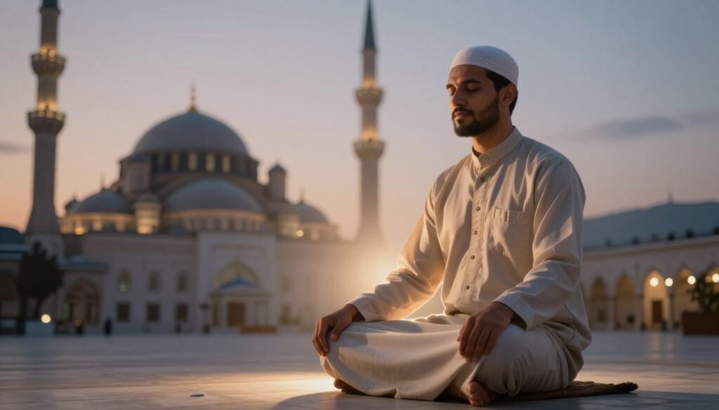 A serene and contemplative scene depicting the spiritual effect of "dhikr" (remembrance) in a Muslim's life. In the foreground, a figure of a Muslim man in modest, casual attire is seated cross-legged, engaging in mindful remembrance, with his hands gently resting on his knees. His expression shows tranquility and inner peace. In the middle ground, an illuminated ambiance envelops him, with ethereal light softly radiating, symbolizing spiritual connection. The background features a softly blurred silhouette of a beautiful mosque under a calm twilight sky, with stars beginning to twinkle, representing hope and spirituality. The overall mood is peaceful, reflective, and uplifting, evoking a sense of deep spirituality and devotion. Soft, warm lighting enhances the intimate atmosphere.