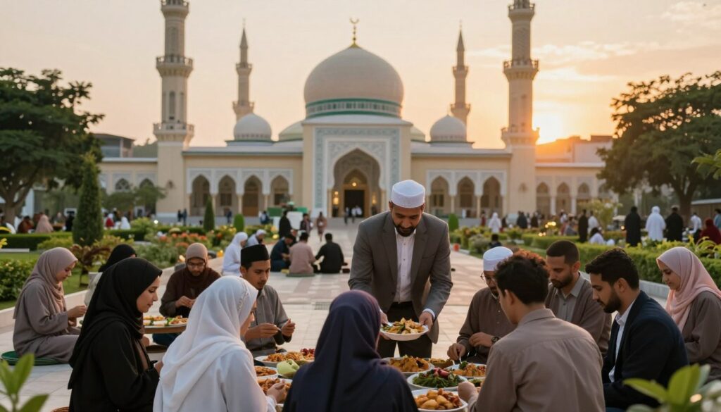 A serene and harmonious community scene illustrating the social impacts of Islamic obligations. In the foreground, diverse groups of people in modest, business casual attire are seen engaging in cooperative activities, such as helping each other and sharing meals. The middle ground features an open mosque with intricate architecture, symbolizing spiritual gathering, surrounded by green gardens. In the background, a setting sun casts warm, golden light over the scene, creating a peaceful atmosphere. The composition should focus on the interconnectivity and support among individuals, showcasing unity and social responsibility. Soft shadows and natural lighting enhance the mood of togetherness and mutual respect in this vibrant community.