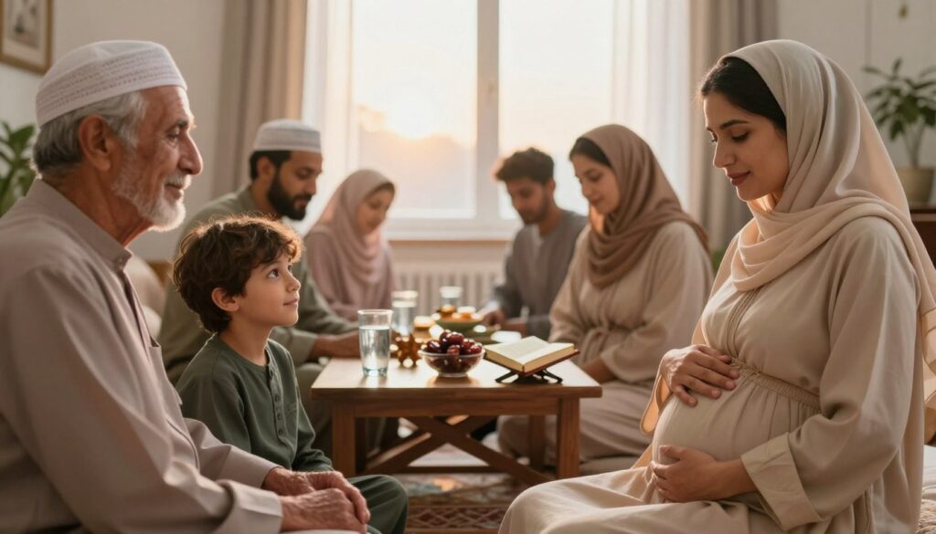 A serene and informative scene depicting individuals from various backgrounds who are exempt from fasting during Ramadan. In the foreground, a diverse group: a visibly elderly person with a kind expression, a pregnant woman holding her belly gently, and a child looking up curiously. They are dressed in modest, culturally appropriate clothing. The middle ground features a table with symbolic items like water, dates, and a Quran, indicating break from fasting. Soft, warm lighting creates a peaceful atmosphere, with a gentle sunrise filtering through an open window in the background, illuminating the scene with a hopeful glow. The image should evoke a sense of compassion and understanding towards those unable to fast, capturing both the cultural significance and personal stories intertwined with Ramadan.