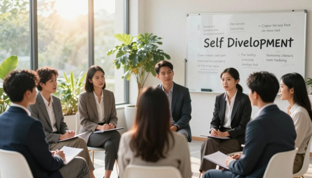 A serene and inspiring scene illustrating self-development in a modern context. In the foreground, a diverse group of individuals—men and women of various ethnicities—are engaged in a reflective discussion in a bright, open space, dressed in professional business attire. In the middle ground, lush greenery and soft lighting create an uplifting environment. Subtle rays of sunlight filter through large windows, casting warm tones that enhance the atmosphere of growth and positivity. In the background, a whiteboard filled with motivational quotes complements the theme. The overall mood is empowering and encouraging, symbolizing the journey from advice to practical behavior change.
