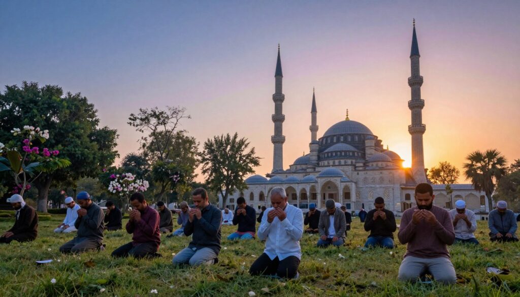 A serene early morning scene depicts a modest, peaceful mosque bathed in the soft, golden light of dawn. In the foreground, a diverse group of men and women of various ages, dressed in modest casual clothing, can be seen engaged in prayer, their faces reflecting tranquility and devotion. In the middle ground, lush trees and blooming flowers enhance the idyllic atmosphere, symbolizing the renewal and hope that comes with the Fajr prayer. The background features a softly glowing sky transitioning from deep blue to warm hues of orange and pink, capturing the essence of a fresh day beginning. The composition should evoke a sense of peace, spirituality, and the profound impact of the Fajr prayer on a Muslim's life, photographed from a slightly elevated angle to encompass the entire scene.
