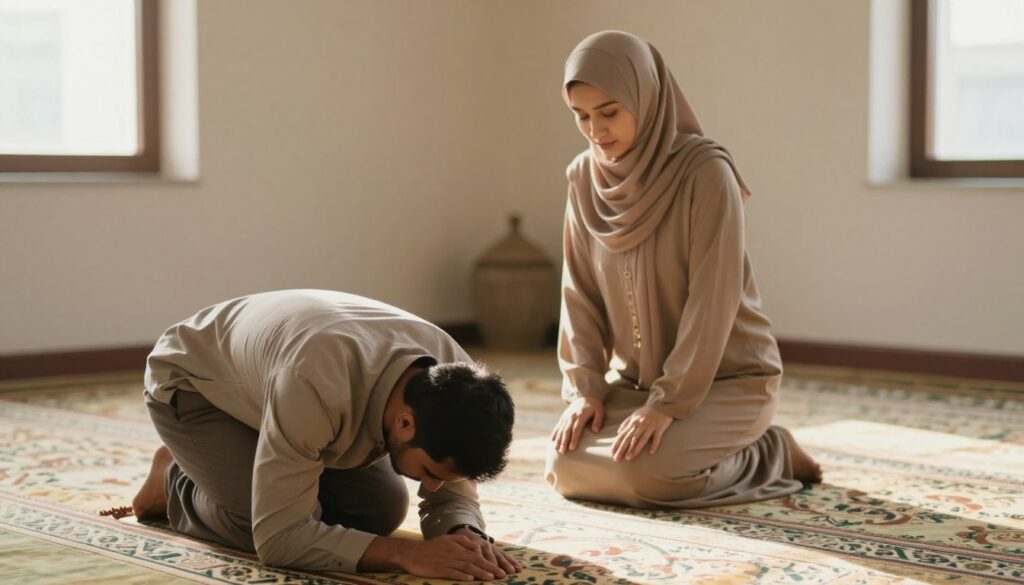 A serene indoor setting depicting a Muslim man and woman in modest casual clothing, performing a prayer together. In the foreground, the man is seen in the act of bowing during the prayer, showing a peaceful expression. The woman is positioned in the middle, standing gracefully and preparing to prostrate. The background features a softly lit prayer area with a beautiful prayer rug, intricate Islamic patterns on the walls, and gentle sunlight streaming through a nearby window, creating a warm and inviting atmosphere. The color palette includes soft earth tones enhancing the sense of calm and spirituality. The focus is on the correct posture and gestures of prayer, evoking a mood of devotion and tranquility.