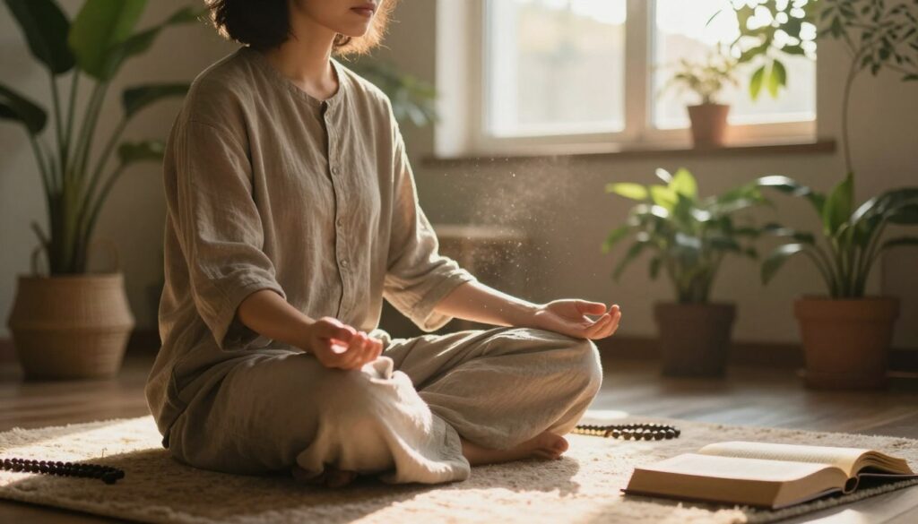 A serene indoor space bathed in warm, soft light, featuring a tranquil atmosphere that reflects deep spirituality. In the foreground, a person in modest, casual attire is seen peacefully engaging in prayer or meditation on a soft rug, eyes gently closed, embodying concentration and inner peace. Surrounding them are subtle elements representing prayer beads and an open book, symbolizing spirituality. The middle ground shows lush indoor plants, enhancing the sense of tranquility and connection to nature. In the background, a softly glowing window filters golden sunlight, illuminating dust motes in the air, creating a calming and reflective ambiance. The overall mood is one of serenity, introspection, and positive energy, suggesting the uplifting effects of daily prayers on the soul and spirit.