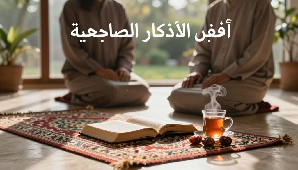 A serene morning scene depicting "أفضل الأذكار الصباحية." In the foreground, a beautifully arranged prayer mat with intricate traditional patterns, reflecting cultural significance. A soft, warm light filters through a nearby window, casting gentle shadows, creating an atmosphere of tranquility and peace. On the mat, an open Quran with soft pages fluttering slightly, surrounded by a steaming cup of herbal tea and a few dates. In the middle ground, a calm individual in modest, professional attire is seated in a relaxed posture, engaging in contemplation and reflection, with eyes closed, embodying a moment of devotion. The background features a softly blurred view of a peaceful garden, enhancing the tranquil ambiance with hints of greenery and morning dew. The overall mood is serene, inviting, and contemplative, perfect for illustrating the essence of morning supplications.