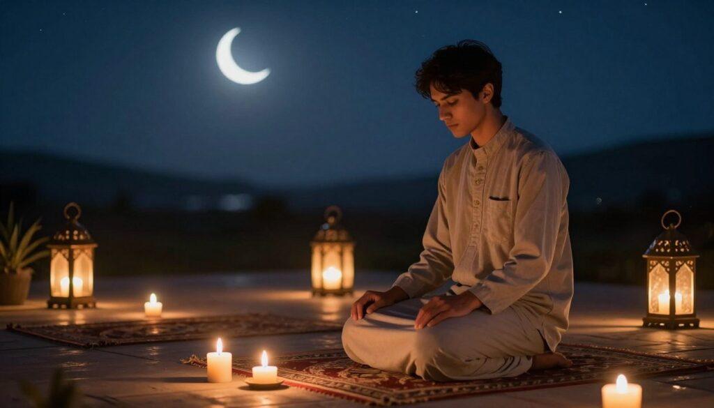 A serene night scene depicting the spiritual practice of night prayers (Qiyam al-Layl). In the foreground, a peaceful individual dressed in modest casual clothing is seen meditating or in prayer on a soft rug, surrounded by gentle candlelight. The middle ground features softly glowing lanterns casting warm light, enhancing the tranquil atmosphere. In the background, a tranquil starry sky with a crescent moon illuminating the scene, creating a calming ambiance. The overall mood is reflective and peaceful, encapsulating the psychological benefits of night prayers, such as inner peace and emotional clarity. Use soft, warm lighting to evoke a sense of tranquility and focus, shot from a slightly elevated angle to capture the scene's depth.
