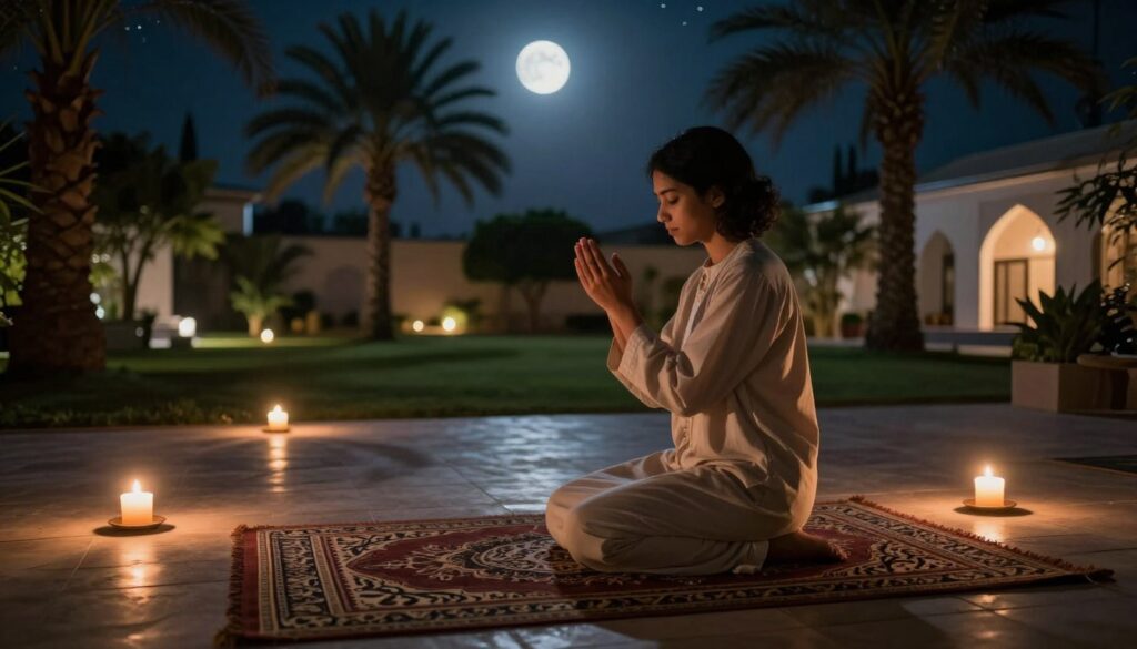 A serene nighttime scene illustrating the spiritual foundations of the night prayer (قيام الليل). In the foreground, a person in modest casual clothing is seen in a traditional prayer position, with their hands raised in supplication, surrounded by softly glowing candles. The middle ground features a beautifully decorated prayer mat adorned with intricate Islamic patterns. In the background, a tranquil garden under a starry sky, with gentle moonlight filtering through tall palm trees. The soft illumination casts delicate shadows, creating a peaceful and reflective atmosphere. The scene captures the essence of devotion and spirituality, inviting viewers into a moment of calm and contemplation. Use warm lighting to enhance the serenity of the night.