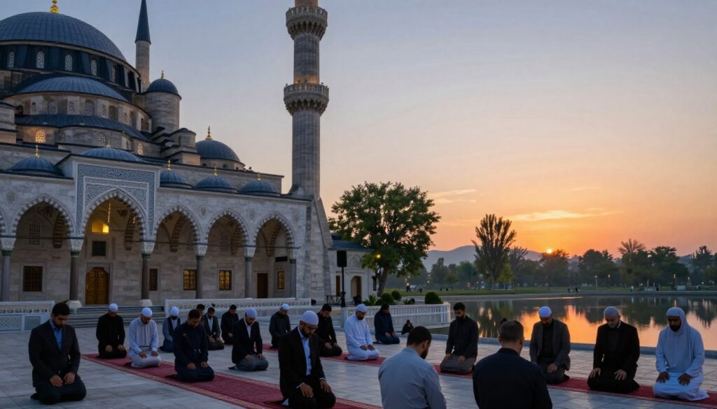 A serene pre-dawn scene showcasing the essence of "أوقات صلاة الفجر." In the foreground, a beautifully designed mosque with intricate architectural details, softly illuminated by the first light of dawn, casting gentle shadows. A group of modestly dressed individuals in professional attire or casual clothing are seen in prayer, reflecting deep concentration. In the middle ground, lush green trees and a tranquil body of water subtly mirror the soft hues of the awakening sky. The background reveals a breathtaking gradient of warm oranges and soft blues as the sun begins to rise on the horizon. The atmosphere exudes peace and spirituality, inviting viewers to feel the significance of the Fajr prayer in everyday life. The lighting is soft and natural, enhancing the tranquil mood.