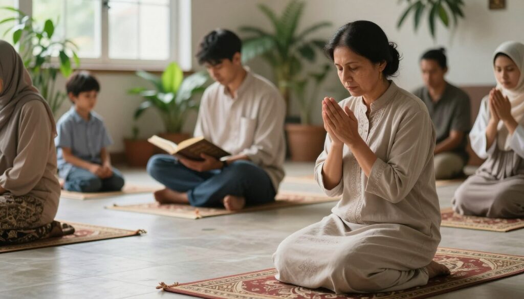 A serene scene depicting a diverse group of individuals engaged in daily acts of devotion, emphasizing the spiritual benefits of daily voluntary prayers (nawafil). In the foreground, a middle-aged woman in modest casual attire is peacefully praying on a prayer mat, her expression embodying tranquility and focus. The middle ground includes a young man sitting cross-legged, reading a book related to spirituality, and a child quietly observing, surrounded by soft natural light filtering through a window. In the background, a lush indoor garden with potted plants enhances the peaceful atmosphere. The overall mood is one of calmness and reflection, using warm, gentle lighting to evoke a sense of inner peace and connection to spirituality. The angle captures the essence of daily life intertwined with spiritual practices.
