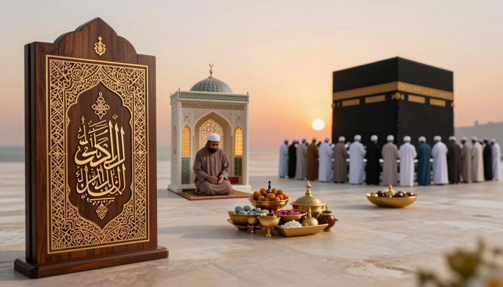 A serene scene depicting the Five Pillars of Islam as distinct yet interconnected components, arranged artistically. In the foreground, illustrate a beautifully crafted Shahada (testimony of faith) inscribed in elegant calligraphy on a decorative wooden panel. In the middle ground, display the ritual of Salah (prayer) with a person in modest attire, engaged in prayer, set within a beautifully designed mosque interior adorned with intricate geometric patterns. Beside it, the Zakat (charity) section shows hands offering alms to the needy, surrounded by symbolically rich offerings. Further back, depict a Kaba-shaped structure representing Hajj, surrounded by pilgrims in respectful clothing, capturing their devotion. The background features a soft sunset, casting a warm glow over the scene, evoking a sense of peace and spirituality. Use soft, warm lighting to enhance the atmosphere of reverence and connection.
