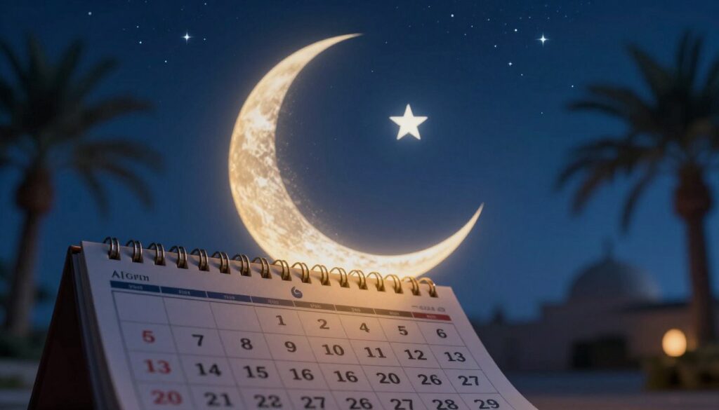 A serene scene depicting the lunar calendar transition, focusing on the crescent moon symbolizing the beginning of the Islamic month. In the foreground, a traditional Islamic calendar prominently features the crescent moon and star, with soft golden and blue hues illuminating it. In the middle ground, a tranquil night sky showcases twinkling stars, with a subtle glow around the crescent moon, enhancing the celestial theme. The background includes faint silhouettes of palm trees, adding to the ambiance of a peaceful night in a Middle Eastern setting. Soft, diffused lighting creates a calm and reflective mood, ideal for conveying the significance of the moon sighting in determining the start of Ramadan.