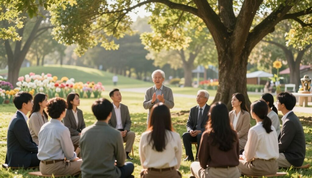 A serene scene illustrating the impact of positive preaching on personal development, set in a tranquil park. In the foreground, a diverse group of individuals, dressed in professional business attire and modest casual clothing, is gathered in a circle, listening intently to a speaker who embodies wisdom and warmth. In the middle ground, gentle sunlight filters through the leaves of ancient trees, casting dappled light on their faces, symbolizing enlightenment and growth. The background features a peaceful landscape of blooming flowers and soft hills, reflecting harmony and balance. The overall atmosphere is uplifting and contemplative, evoking a sense of connection and spiritual upliftment. Use soft, warm lighting and a slight depth of field to enhance the focus on the participants while softly blurring the background.
