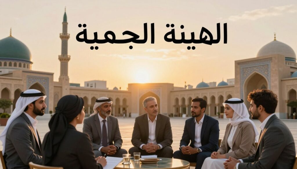 A visually striking representation of "الهوية الجمعية" (collective identity) in an Islamic context, emphasizing the role of morals in the revival of nations. In the foreground, a diverse group of individuals dressed in professional business attire engage in a thoughtful discussion, symbolizing unity and shared values. The middle ground features traditional Islamic architectural elements, such as arches and domes, blending harmoniously with modern structures, representing the synergy between heritage and progress. In the background, a soft sunset casts warm, golden light over the scene, enhancing a sense of hope and enlightenment. The overall mood is reflective and inspiring, illustrating the importance of ethics as a foundation for collective identity and national revival. The image should be vibrant yet serene, focusing on collaboration and shared wisdom.