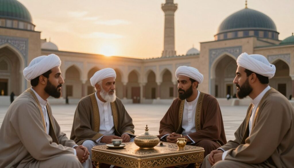 A vivid and serene depiction of the Rightly Guided Caliphs in Islamic history, showcasing their leadership and wisdom. In the foreground, focus on four diverse individuals representing Abu Bakr, Umar, Uthman, and Ali, dressed in modest and respectful attire, engaging in a discussion around a beautifully intricate table adorned with historical artifacts. The middle ground features architectural elements typical of early Islamic architecture, such as arches and domes, symbolizing the era's cultural richness. In the background, a gentle sunset casts warm, golden light, creating an inviting and contemplative atmosphere. The composition should evoke a sense of unity, respect, and historical significance. Utilize a soft focus lens effect to enhance the timeless quality of the scene, aiming for a harmonious and uplifting mood.