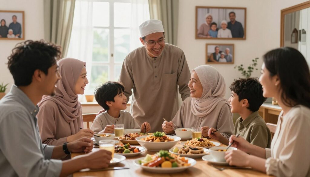 A warm, welcoming family scene illustrating the importance of family in an Islamic and community perspective. In the foreground, a diverse Muslim family, dressed in modest casual clothing, is gathered around a table filled with traditional dishes, engaged in joyful conversation and laughter. In the middle ground, soft light filters in through a window, creating an inviting atmosphere, highlighting their expressions of love and connection. In the background, family photos adorn the walls, showcasing the bond between generations. The scene is infused with a sense of harmony, well-being, and the values of togetherness and support. The overall lighting is soft and natural, providing a serene, uplifting mood as if capturing a moment of shared happiness.