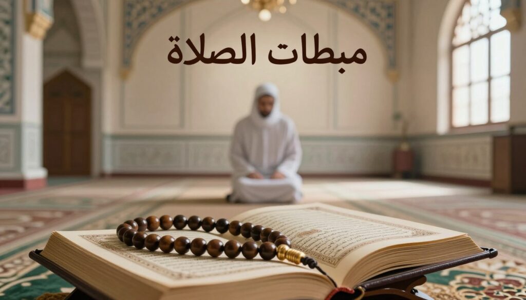 An artistic representation focusing on the theme of "مبطلات الصلاة" (nullifiers of prayer) in a serene Islamic setting. In the foreground, a pair of elegant prayer beads softly rests on an open, ornate Quran, symbolizing spirituality and reflection. In the middle, a subtle outline of a person in modest attire, sitting in a prayer position, appears contemplative and pensive. Surrounding them is a tranquil room adorned with intricate Islamic art and traditional decor, invoking a peaceful ambience. Soft, diffused lighting from a nearby window casts gentle shadows, enhancing the contemplative atmosphere. In the background, hints of mosque architecture can be seen, symbolizing the connection to prayer. The overall mood should be introspective and serene, emphasizing the significance of maintaining focus during prayer.