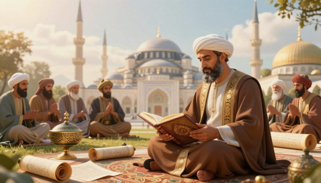 An enchanting illustration depicting the essence of Islamic religious stories, focusing on important historical figures and events. In the foreground, a beautifully adorned Islamic scholar sits with an ornate book, surrounded by scrolls filled with tales of wisdom and morality. The middle ground features symbolic representations of renowned stories, such as the Prophet Muhammad's life and the story of the companions, illustrated through intricate calligraphy and artifacts. In the background, a serene Islamic architecture, with domes and minarets, evokes a sense of reverence and tranquility under soft, warm sunlight filtering through clouds, creating a spiritual atmosphere. The lens captures the details clearly, focusing on the beauty and significance of the stories, while maintaining a respectful and uplifting mood.