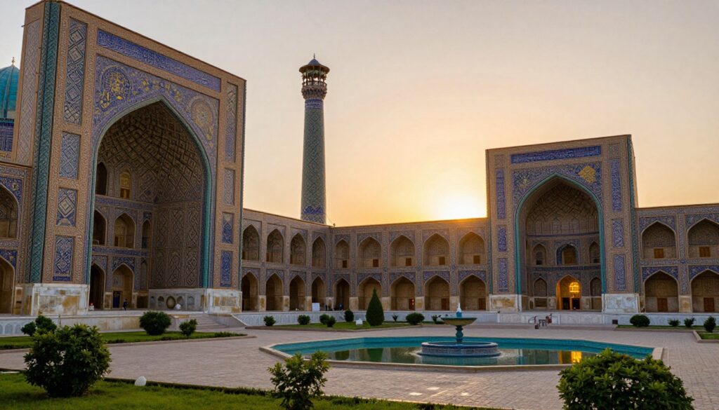 An exquisite representation of Islamic architecture, featuring intricate geometric patterns and vibrant tile work. In the foreground, a majestic mosque with a large dome and towering minarets, embellished with ornate calligraphy and colorful mosaics. The middle ground displays a serene courtyard filled with lush greenery and ornate fountains, reflecting the architectural grandeur. In the background, a sunset casts warm golden hues, illuminating the details of arches and carved stonework. The scene is captured from a low angle to emphasize the height and splendor of the structures, with soft, ambient lighting creating a tranquil atmosphere. The image conveys a sense of harmony and reverence, showcasing the beauty and complexity of Islamic engineering.